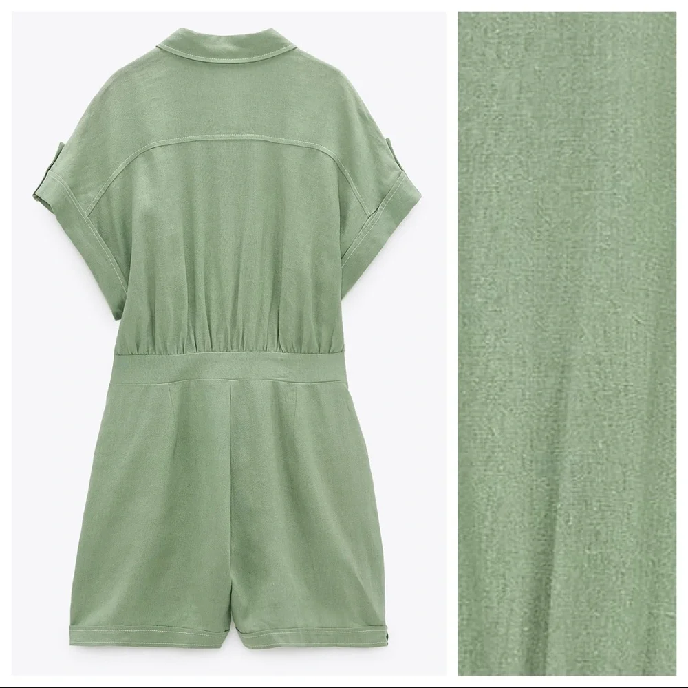 NWT. Zara Green Linen/Viscose Blend Topstitched Short Jumpsuit. Size S.